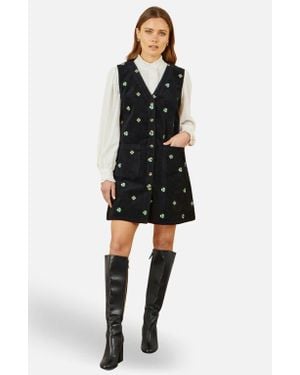 Yumi' Embroidered Button Up Pinafore Dress - Black