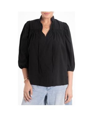 ocean + main Cotton Tie Neck 3/4 Sleeve Top - Black