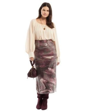 June + Vie Sequined Mesh Column Midi Skirt - Multicolor