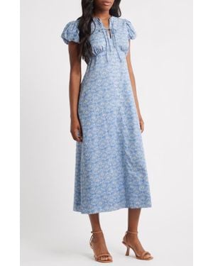 Charles Henry Damask Floral Cotton Midi Dress - Blue