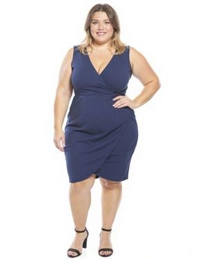 24seven Comfort Apparel Plus Size Solid V-Neck Sleeveless Faux Wrap Tulip Hem Midi Dress - Blue