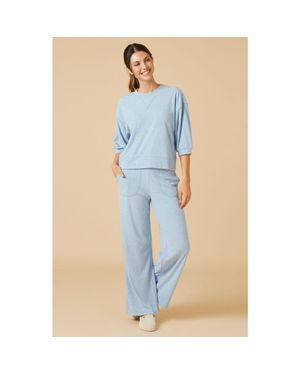 Softies Terry Cropped Sleeve Crew Neck With Wide Leg Pant - Blue