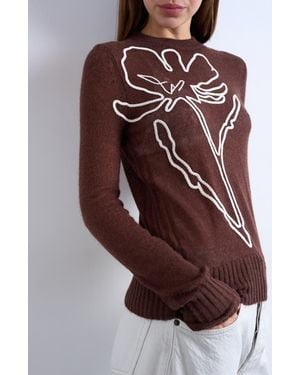 TOPSHOP Floral Embroidered Semisheer Sweater - Brown