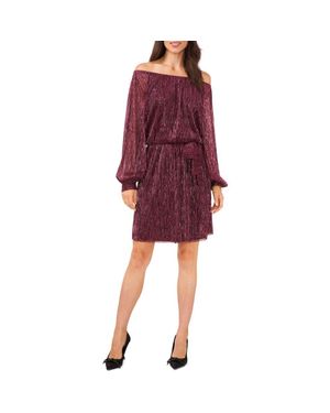 Chaus Metallic Off The Shoulder Long Sleeve Tie Waist Dress - Red
