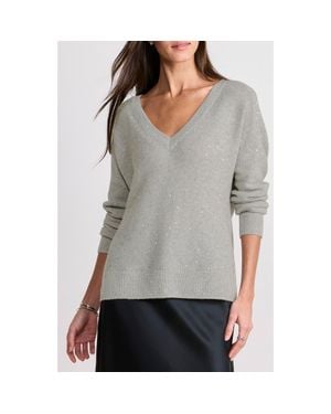 Vineyard Vines Sequin Accent Wool & Cashmere V-Neck Sweater - Gray