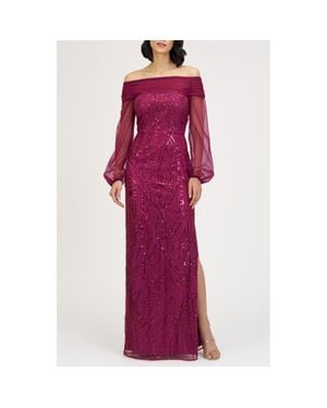 JS Collections Savannah Embellished Off The Shoulder Long Sleeve Chiffon Column Gown - Purple