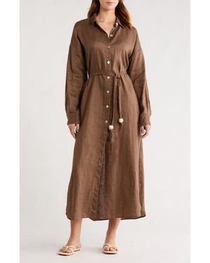 Elan Long Sleeve Linen Maxi Shirtdress - Brown