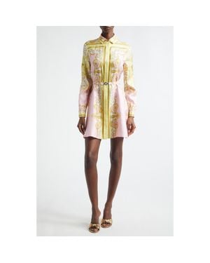 Versace Barocco Print Belted Long Sleeve Silk Shirtdress - Yellow