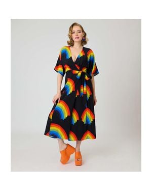 Unique Vintage Tie Wrap Surplice Midi Dress - Multicolor
