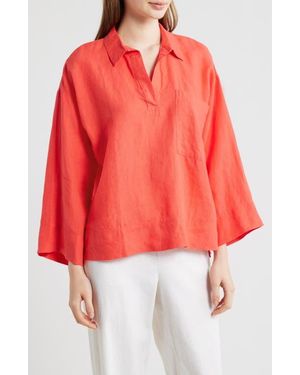 Eileen Fisher Classic Collar Organic Linen Popover Top - Red