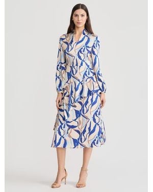 Misook Fit & Flare Printed Crepe De Chine Ruffle Maxi Dress - Blue