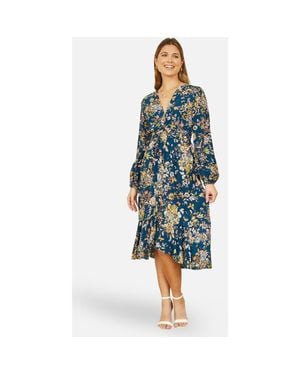 Yumi' Tie Knot Front Long Sleeve Midi Dress - Blue