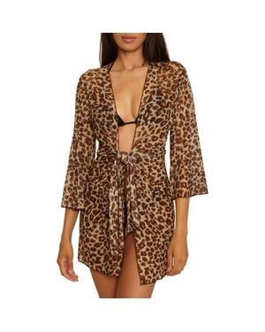 Becca Safari Tie Front Long Sleeve Sheer Mesh Cover-Up - Brown