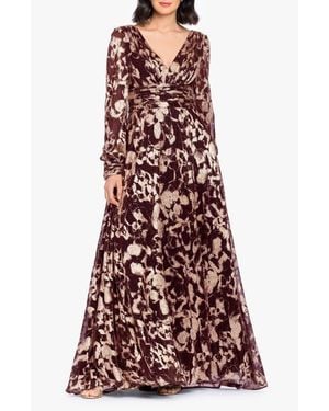 Betsy & Adam Foil Pattern Long Sleeve Gown - Red