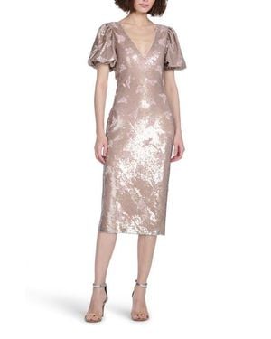 EMILY SHALANT Stretch Sequin Floral Cocktail Midi Dress - Pink