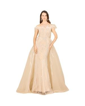 LARA New York Off Shoulder Gown With Feathers - Natural