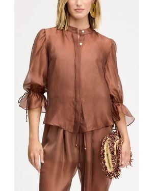 Sam Edelman Semi Sheer Button-Up Tie Cuff Top - Brown