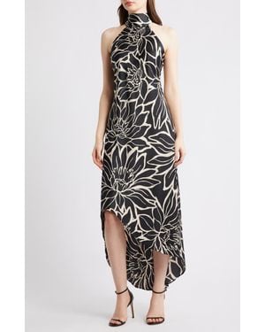 Cece Floral Mock Neck Stretch Satin Dress - White