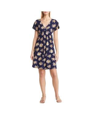 Loveappella Floral Tie Back Surplice V-Neck Knit Minidress - Blue