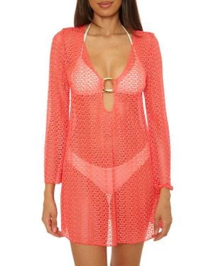 Becca Metallic Long Sleeve Sheer Cover-Up Dress - Red