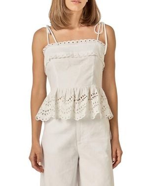 English Factory Eyelet Tie Shoulder Linen Peplum Top - Natural