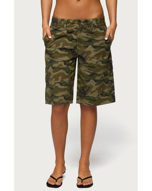Edikted Camo Print Denim Bermuda Shorts - Green