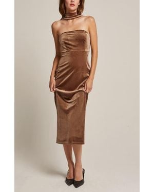 Crescent Halter Neck Velvet Tube Midi Dress - Natural