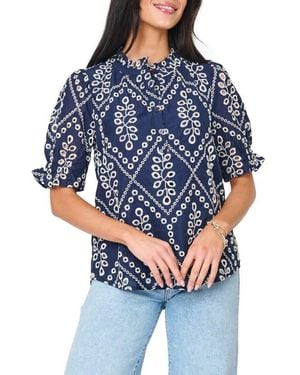 Gibsonlook Dianthus Puff Sleeve Cotton Top - Blue
