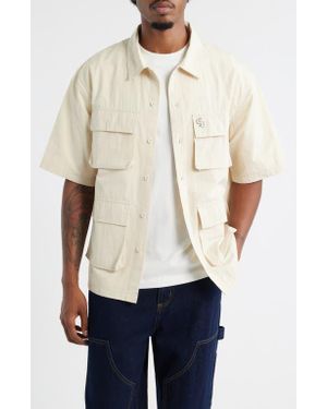 Criminal Damage Patterson Short Sleeve Cotton Button-Up Utility Shirt - Natural
