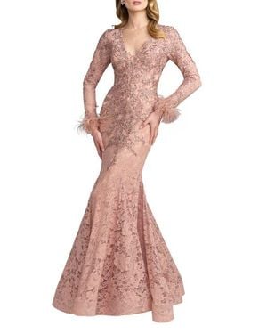Mac Duggal Long Sleeve Feather Embellished Mermaid Gown - Pink
