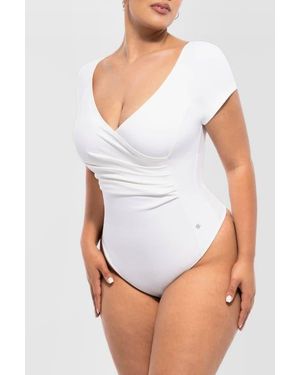 Popilush Shapewear Portrait Neckline Draped Sculpting Bodysuit - White