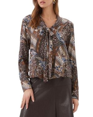Karen Kane Printed Long Sleeve Bow Top - Brown