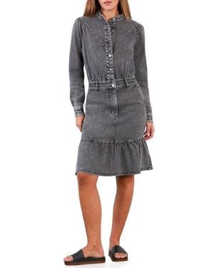 Wash Lab Denim For A Stroll Ruffle Hem Long Sleeve Denim Dress - Gray