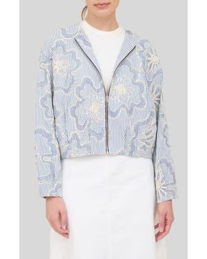 ZOE AND CLAIRE Embroidered Detail Stripe Bomber Jacket - Gray