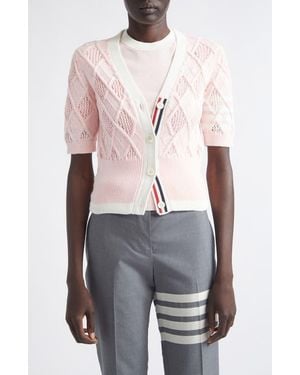 Thom Browne 4-Bar Argyle Pointelle Stitch Short Sleeve Cardigan - Pink