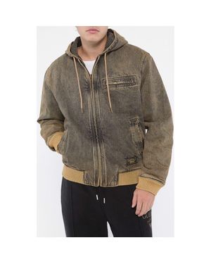 Guess Go Sanded Denim Hooded Bomber Jacket - Brown