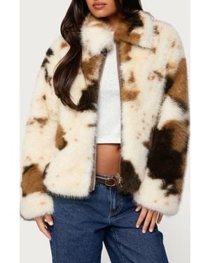Edikted Rayan Cow Print Faux Fur Jacket - Blue