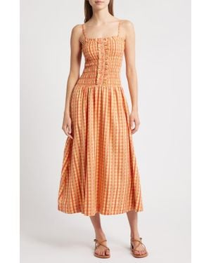 Damson Madder Grace Smocked Organic Cotton Midi Sundress - Orange