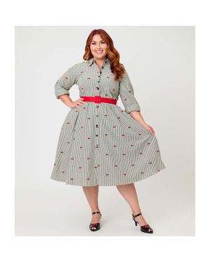 Unique Vintage Plus Size Long Sleeve Belted Shirt Dress - Gray