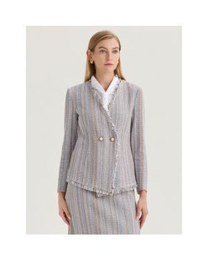 Misook Asymmetrical Fringe Trim Knit Jacket - Gray