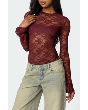 Edikted Colette Sheer Lace Bodysuit - Red