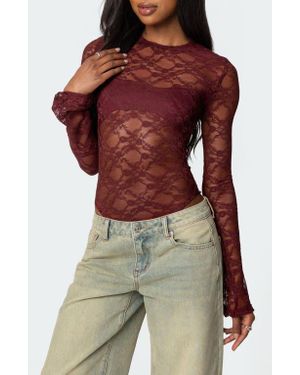 Edikted Colette Sheer Lace Bodysuit - Red