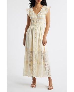 Moon River Lace Embroidered Ruffle Sleeve Midi Dress - Natural