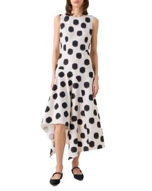 Akris Punto Fringed Fil Coupé Polka Dot Jacquard Asymmetric Fit & Flare Dress - White