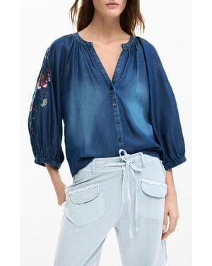 Desigual Embroidered Chambray Shirt - Blue