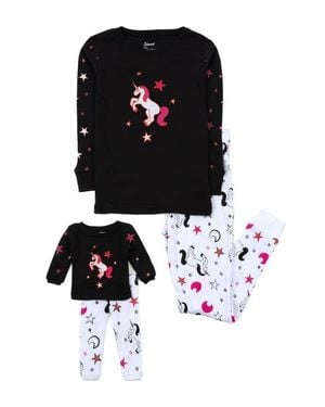 Leveret Girls & Matching Doll 2-Pc. Cotton Pajamas, Fantasy & Character Prints - Black