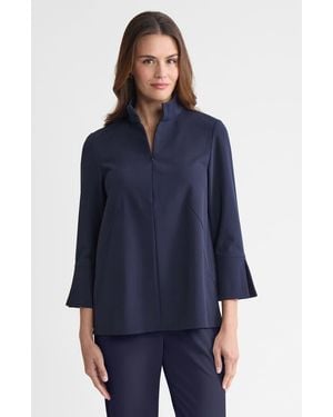 Ming Wang Stretch Deco Crepe Zip Front Pullover Blouse - Blue