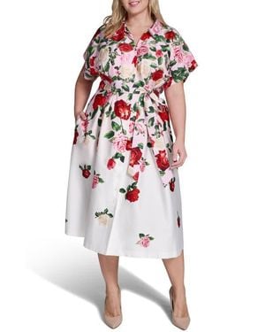 KARL LAGERFELD Placed Floral Stretch Cotton Midi Shirtdress - Red