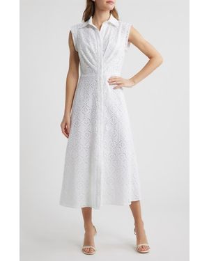 Anne Klein Eyelet Embroidery Sleeveless Shirtdress - White