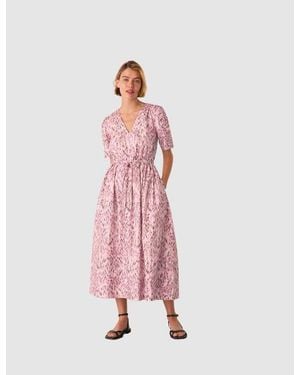 Whistles Short Sleeve V-neck Printed Midi Dress - Pink